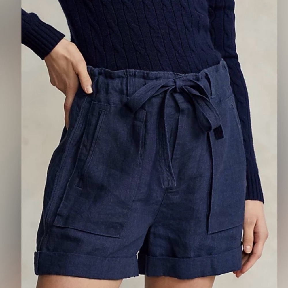 POLO Ralph Lauren Navy Linen Paperbag Shorts bow belt NWT Size 6